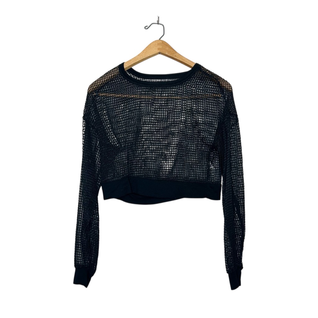 Womens Or Unisex Sheer Cutout Mesh Long Sleeve Crop Top Black Medium M